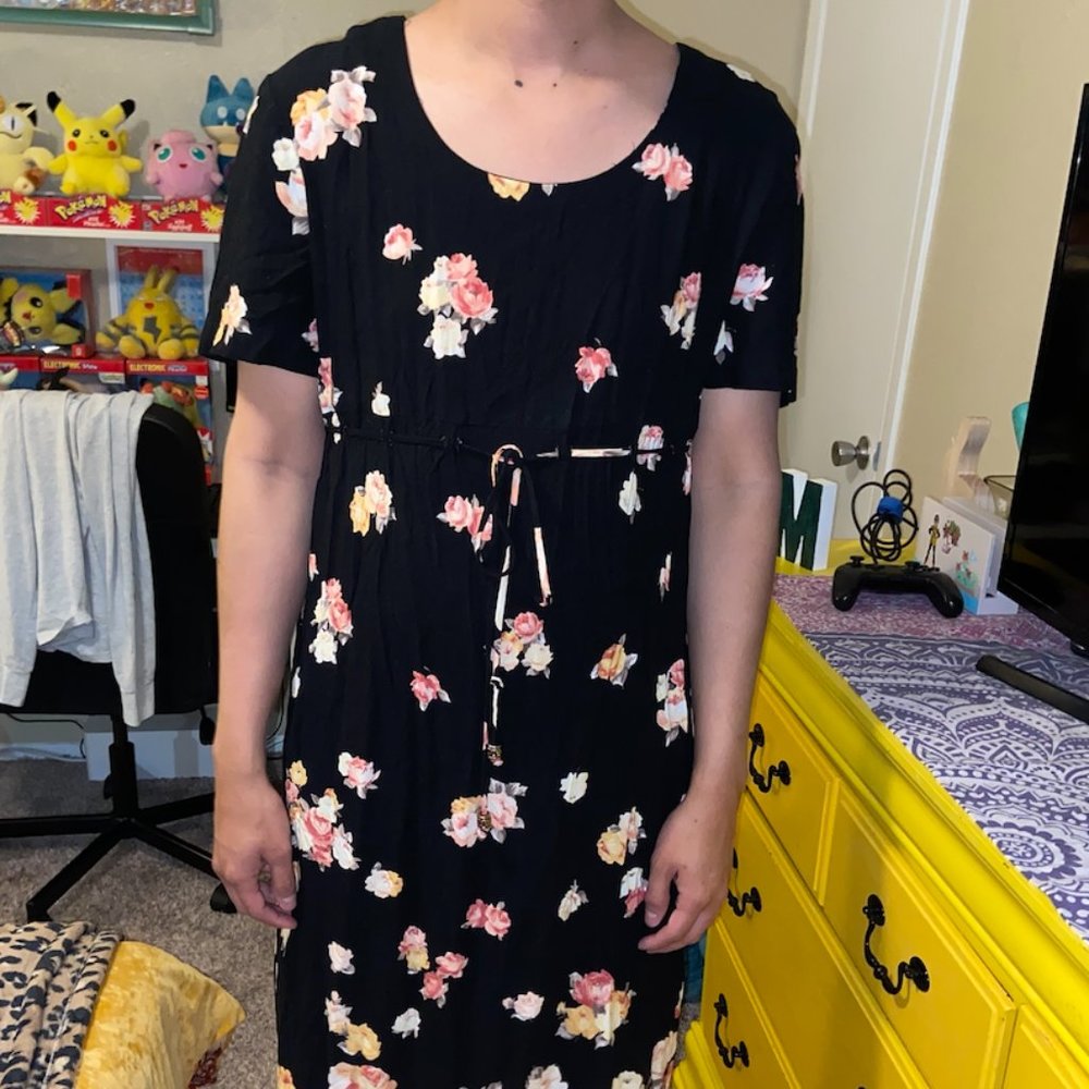 Vintage Black and Pink Floral Maxi Dress with Waist Tie